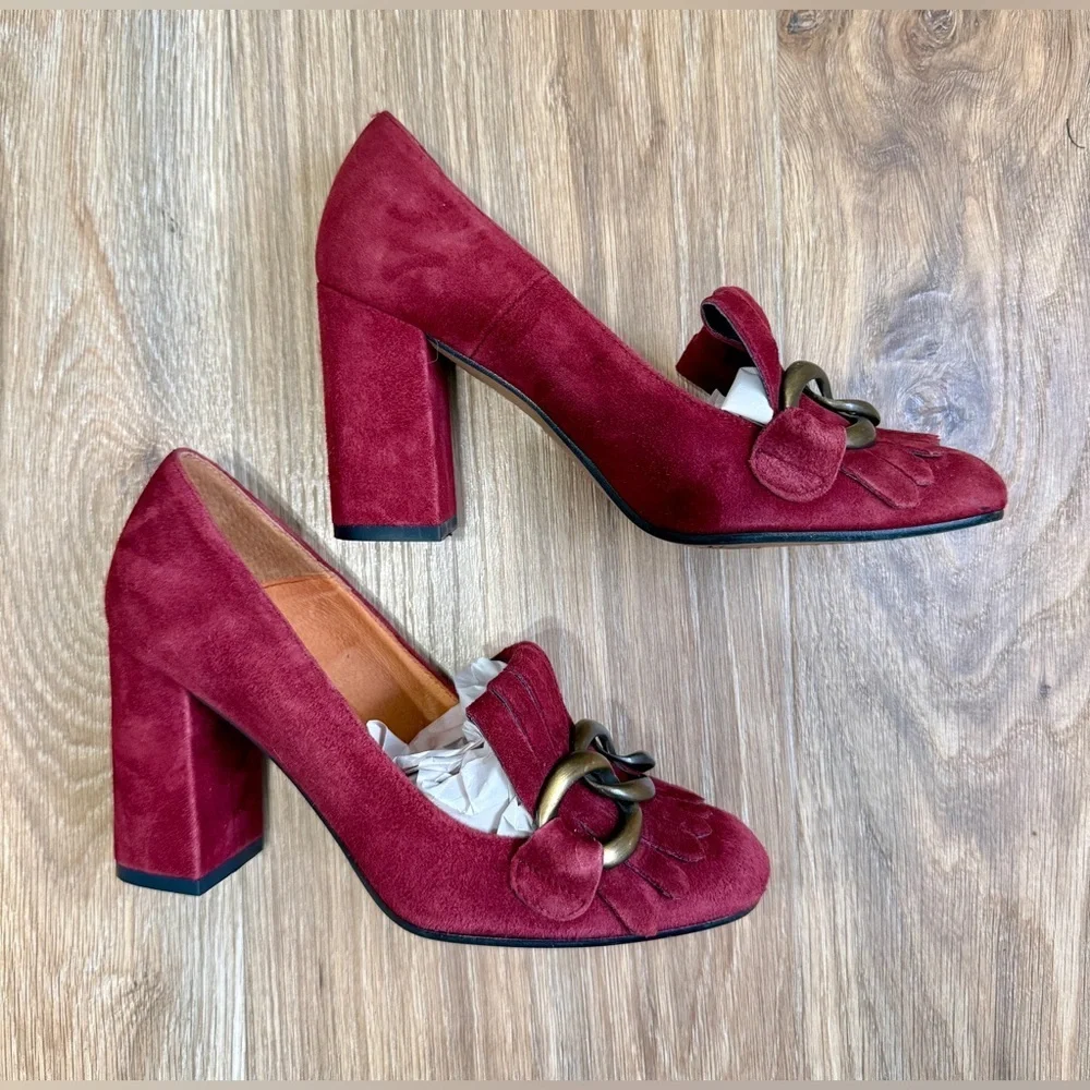 Jonak Burgundy Suede Chain Fringe Block Heel Pumps Made in Italy Size 38